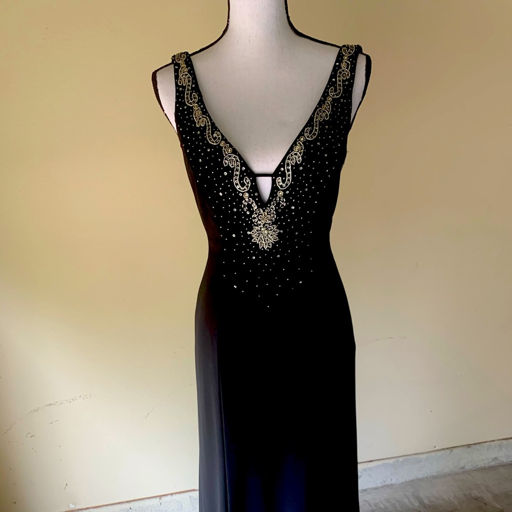 Black formal gown with rhinestones and beads